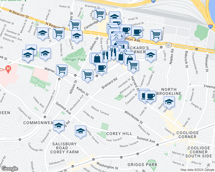 map of restaurants, bars, coffee shops, grocery stores, and more near 65 Brainerd Road in Boston