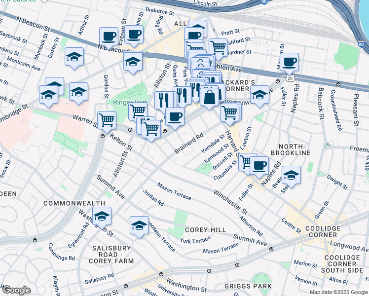 map of restaurants, bars, coffee shops, grocery stores, and more near 65 Brainerd Road in Boston