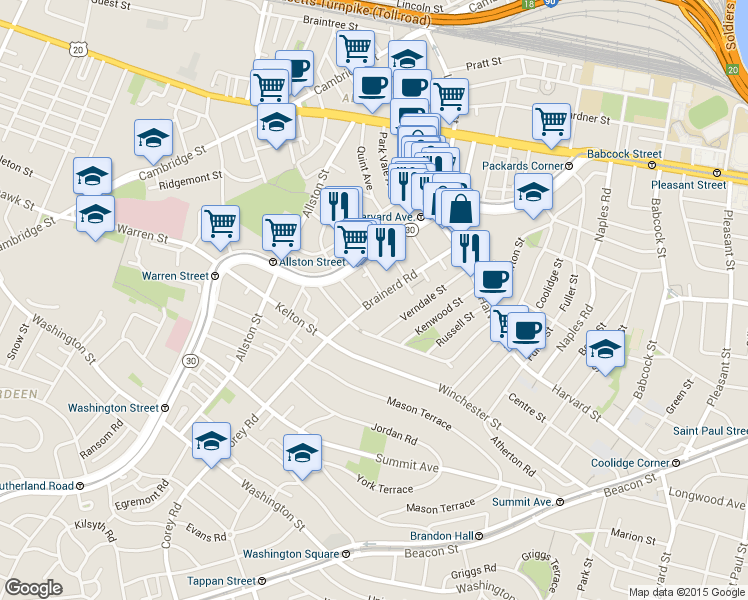 map of restaurants, bars, coffee shops, grocery stores, and more near 65 Brainerd Road in Boston