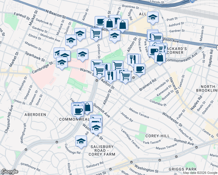 map of restaurants, bars, coffee shops, grocery stores, and more near 164 Kelton Street in Boston