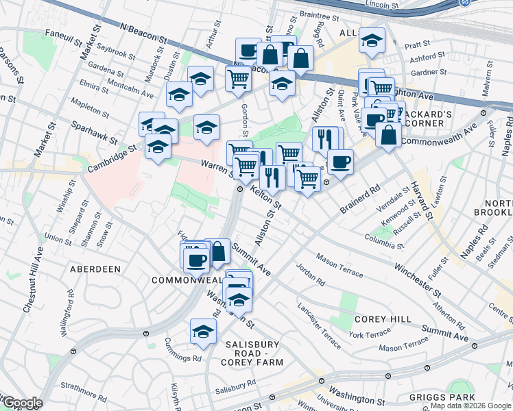 map of restaurants, bars, coffee shops, grocery stores, and more near 164 Kelton Street in Boston