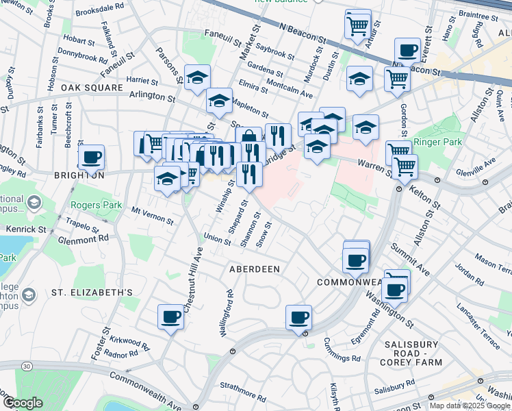 map of restaurants, bars, coffee shops, grocery stores, and more near in Boston