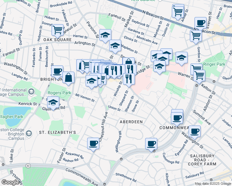 map of restaurants, bars, coffee shops, grocery stores, and more near 18 Winship Street in Boston