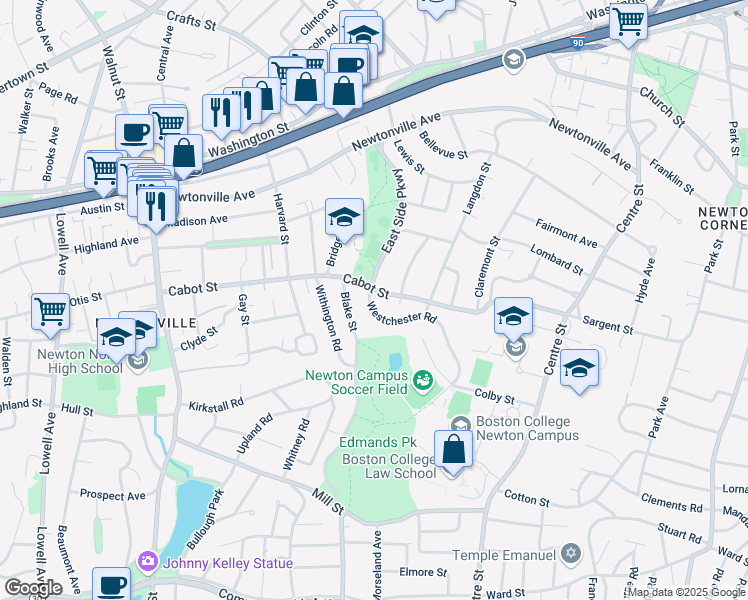 map of restaurants, bars, coffee shops, grocery stores, and more near 188 East Side Parkway in Newton