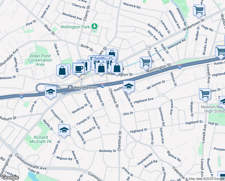 map of restaurants, bars, coffee shops, grocery stores, and more near 68 Chestnut Street in Newton