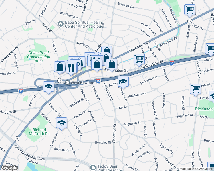 map of restaurants, bars, coffee shops, grocery stores, and more near 68 Chestnut Street in Newton