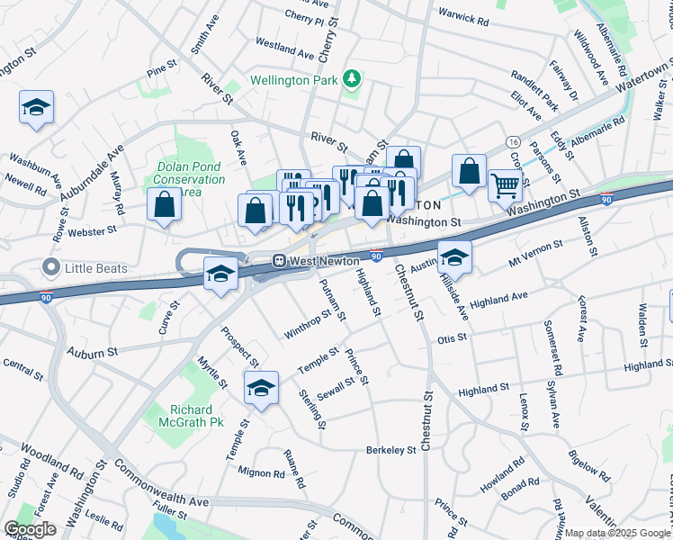 map of restaurants, bars, coffee shops, grocery stores, and more near 57 Hunter Street in Newton