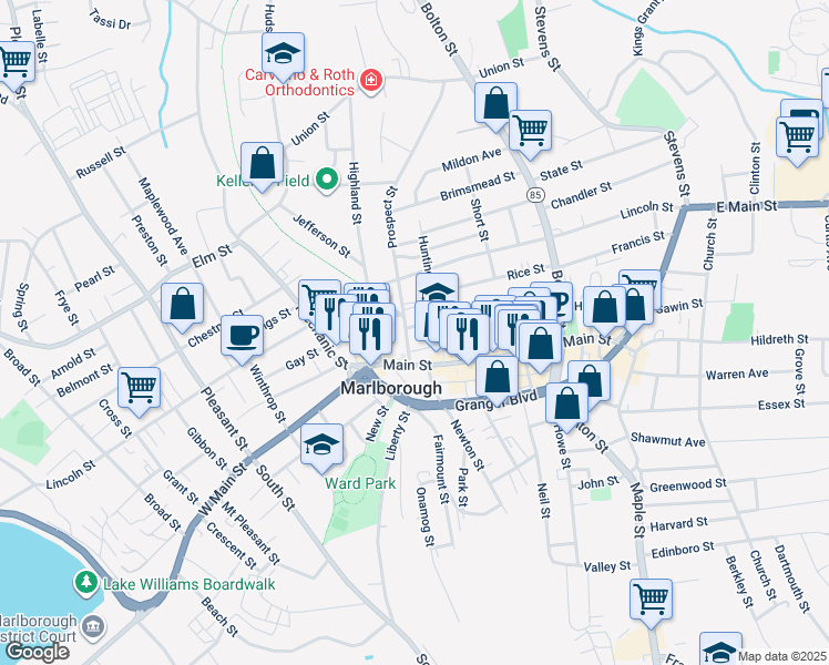 map of restaurants, bars, coffee shops, grocery stores, and more near 119 Washington Street in Marlborough