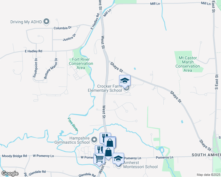 map of restaurants, bars, coffee shops, grocery stores, and more near 240 West Street in Amherst
