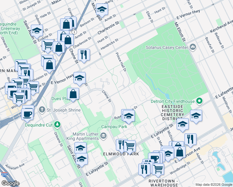 map of restaurants, bars, coffee shops, grocery stores, and more near 2906 Prince Hall Drive in Detroit