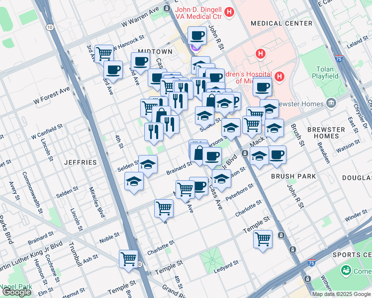map of restaurants, bars, coffee shops, grocery stores, and more near 3901 Cass Avenue in Detroit