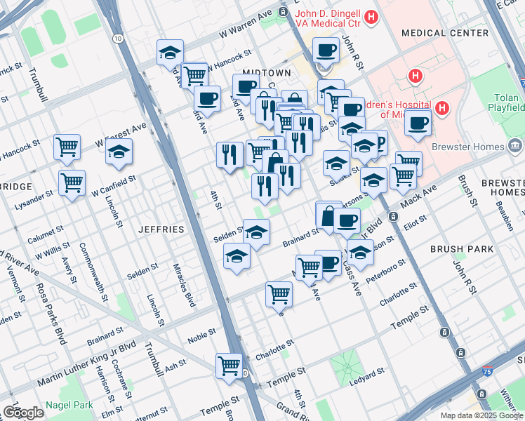 map of restaurants, bars, coffee shops, grocery stores, and more near 635 West Alexandrine Street in Detroit