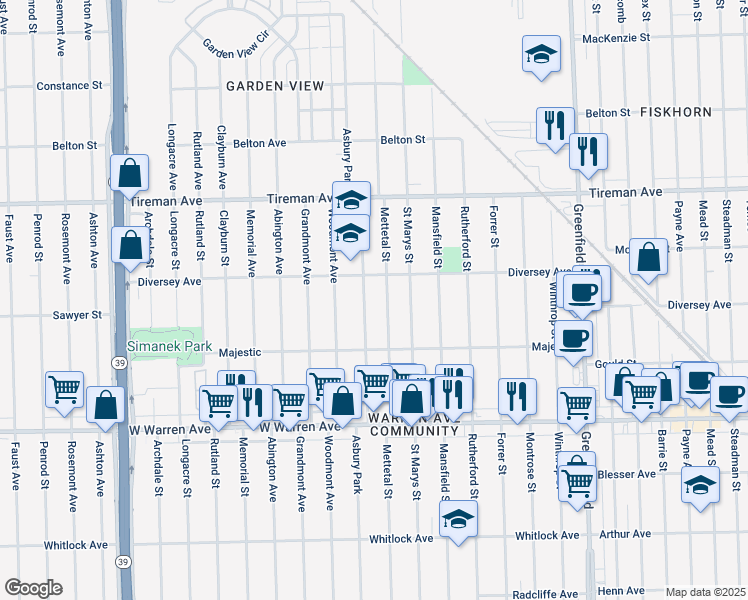 map of restaurants, bars, coffee shops, grocery stores, and more near 7549 Mettetal Street in Detroit