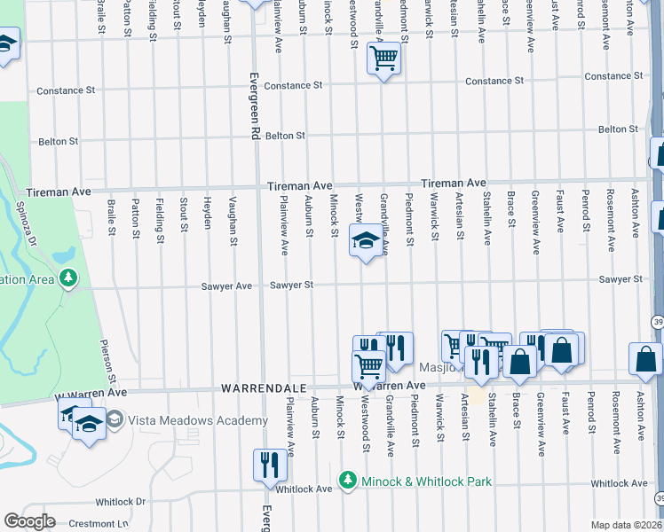 map of restaurants, bars, coffee shops, grocery stores, and more near 7677 Minock Street in Detroit