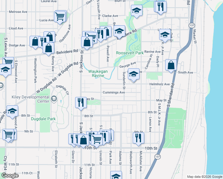 map of restaurants, bars, coffee shops, grocery stores, and more near 701 Helmholz Avenue in Waukegan