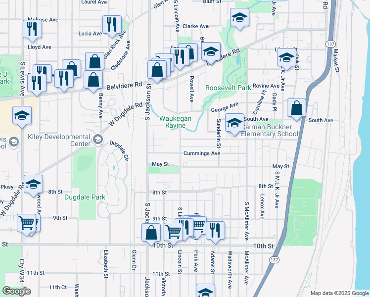 map of restaurants, bars, coffee shops, grocery stores, and more near 807 Helmholz Avenue in Waukegan