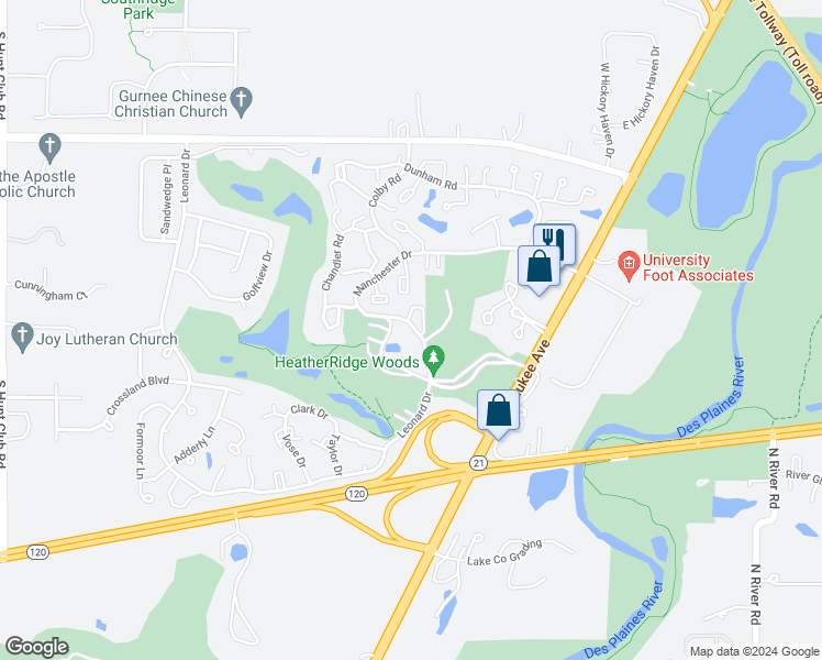 map of restaurants, bars, coffee shops, grocery stores, and more near 5864 Manchester Drive in Gurnee