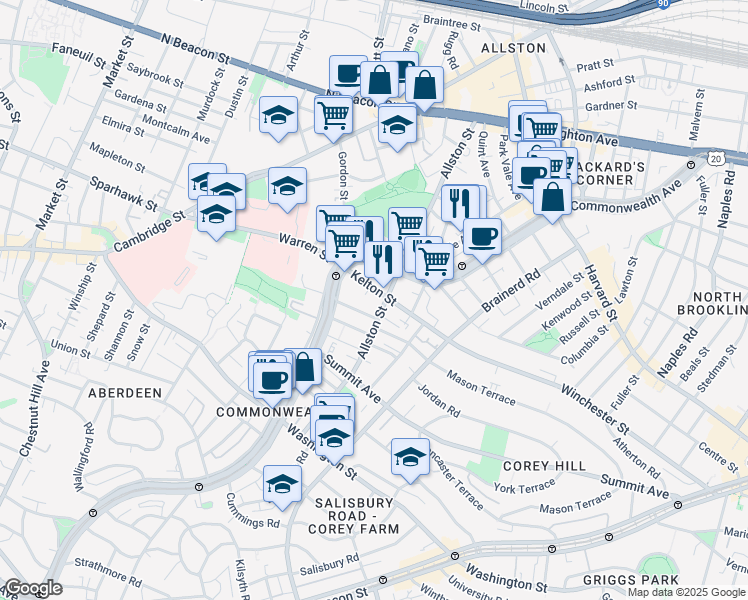 map of restaurants, bars, coffee shops, grocery stores, and more near 153 Kelton Street in Boston