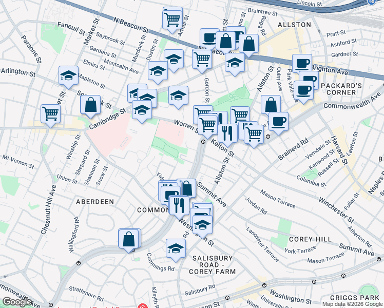 map of restaurants, bars, coffee shops, grocery stores, and more near 1501 Commonwealth Avenue in Boston