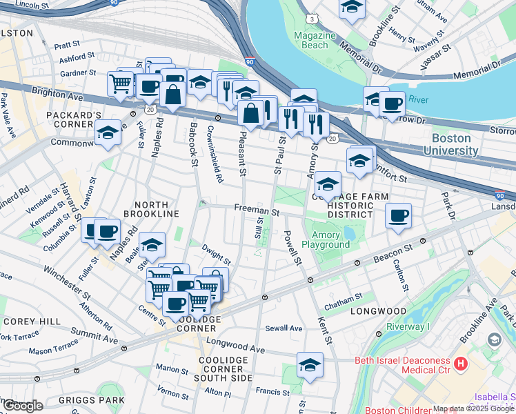 map of restaurants, bars, coffee shops, grocery stores, and more near 73 Thatcher Street in Brookline