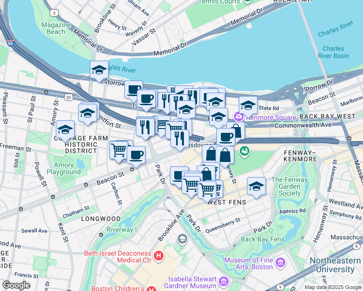 map of restaurants, bars, coffee shops, grocery stores, and more near 46 Mountfort Street in Boston