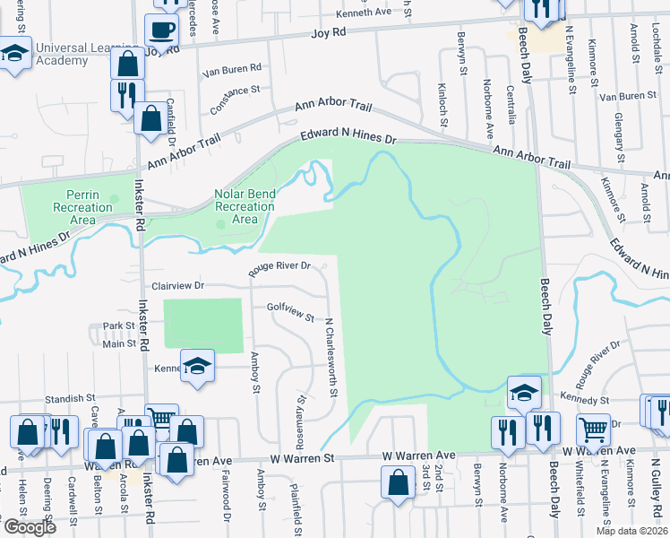 map of restaurants, bars, coffee shops, grocery stores, and more near 26626 Rouge River Drive in Dearborn Heights