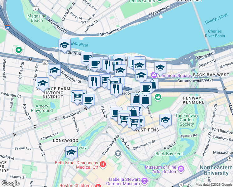 map of restaurants, bars, coffee shops, grocery stores, and more near 46R Mountfort Street in Boston