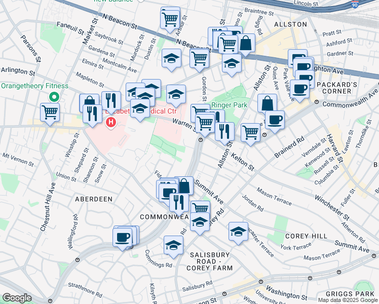 map of restaurants, bars, coffee shops, grocery stores, and more near 1501 Commonwealth Avenue in Boston