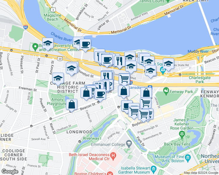 map of restaurants, bars, coffee shops, grocery stores, and more near Park Dr & Buswell St in Boston