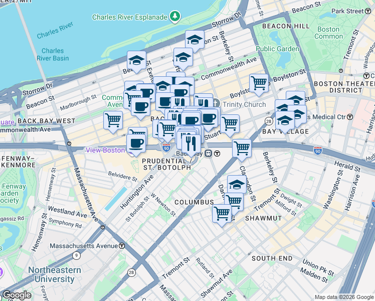 map of restaurants, bars, coffee shops, grocery stores, and more near 100 Huntington Avenue in Boston