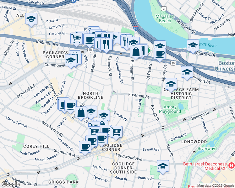 map of restaurants, bars, coffee shops, grocery stores, and more near 145 Babcock Street in Brookline