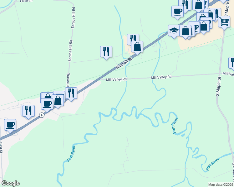 map of restaurants, bars, coffee shops, grocery stores, and more near 3-97 Mill Valley Road in Hadley