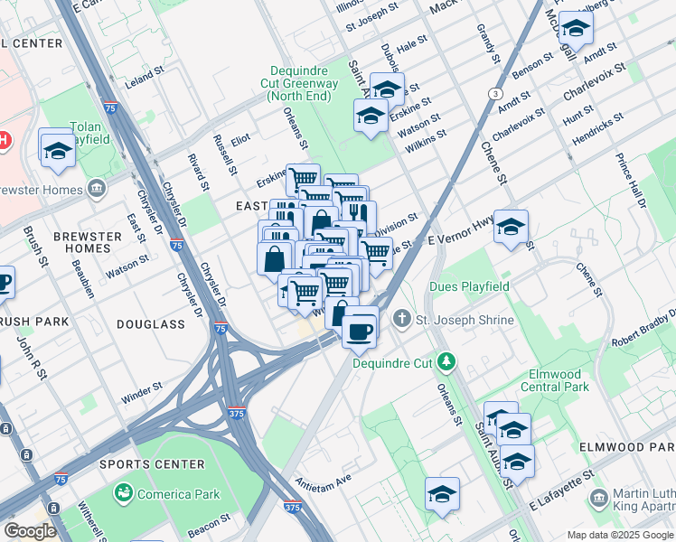 map of restaurants, bars, coffee shops, grocery stores, and more near 1540 Division Street in Detroit