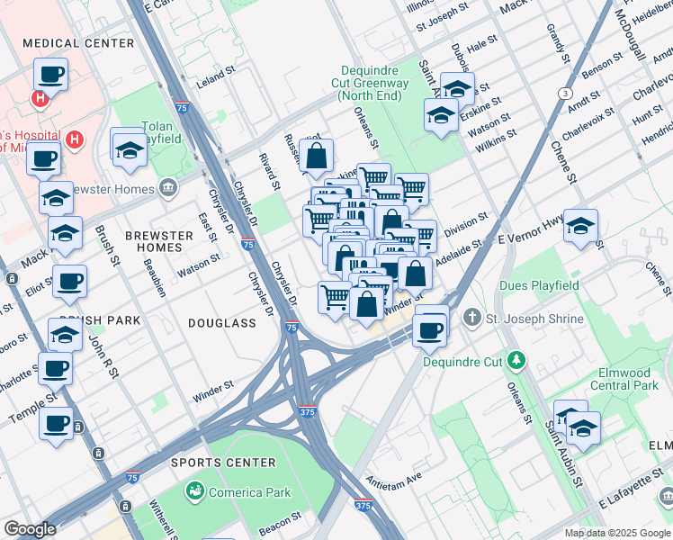 map of restaurants, bars, coffee shops, grocery stores, and more near 2800-2906 Russell Street in Detroit