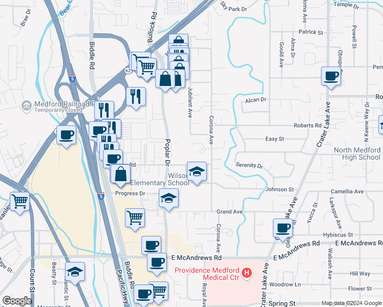map of restaurants, bars, coffee shops, grocery stores, and more near 1441 Morrow Road in Medford