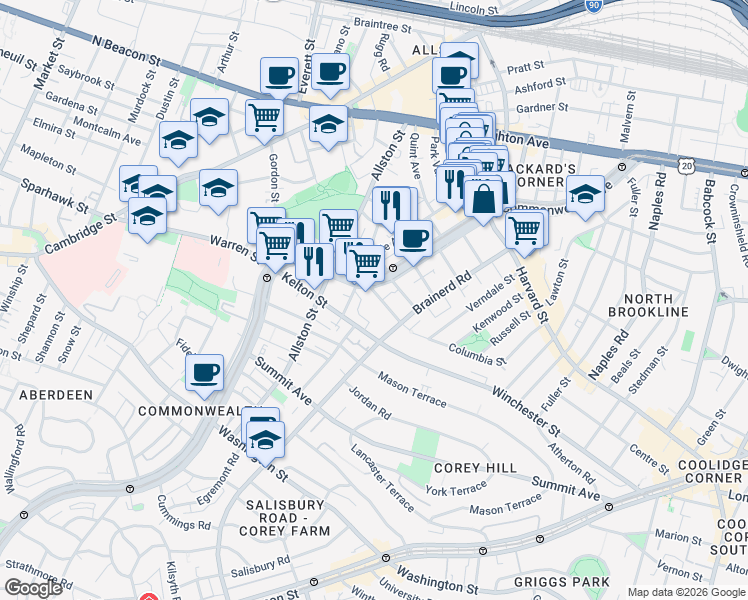 map of restaurants, bars, coffee shops, grocery stores, and more near 7 Walbridge Street in Boston