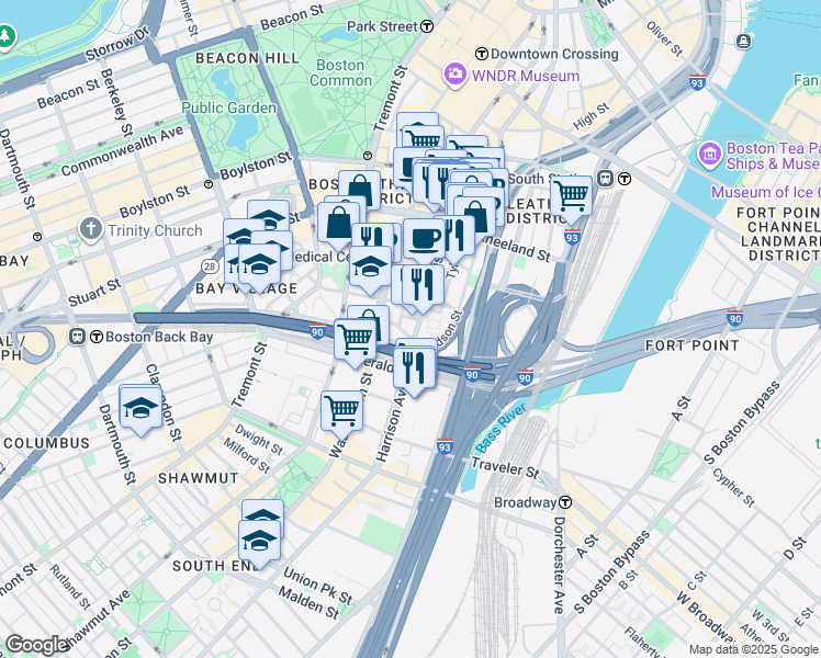 map of restaurants, bars, coffee shops, grocery stores, and more near 232 Harrison Avenue in Boston