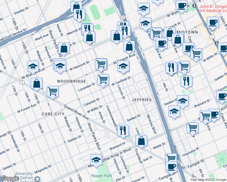 map of restaurants, bars, coffee shops, grocery stores, and more near 4304 Trumbull Avenue in Detroit