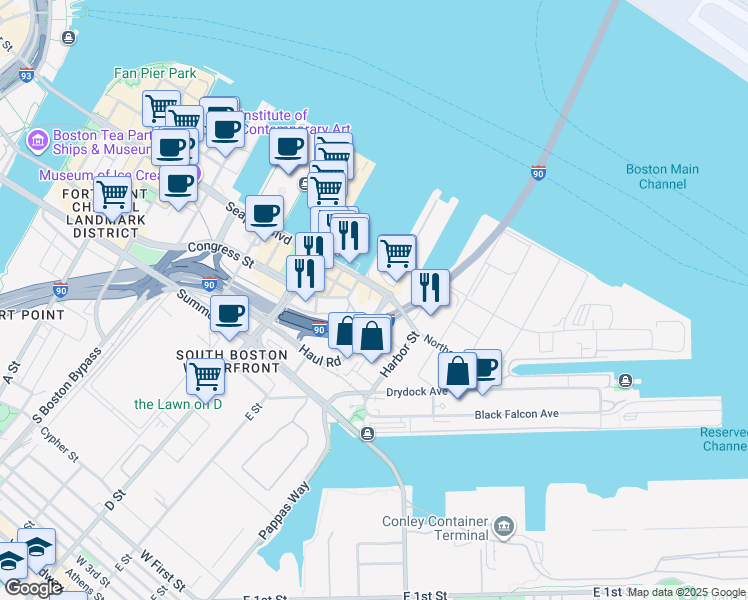 map of restaurants, bars, coffee shops, grocery stores, and more near 295 Northern Avenue in Boston