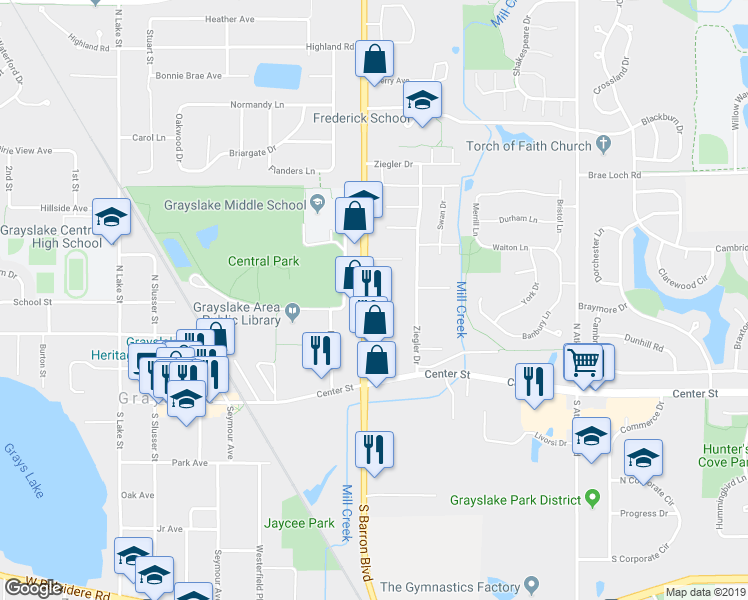 map of restaurants, bars, coffee shops, grocery stores, and more near 309 Barron Boulevard in Grayslake