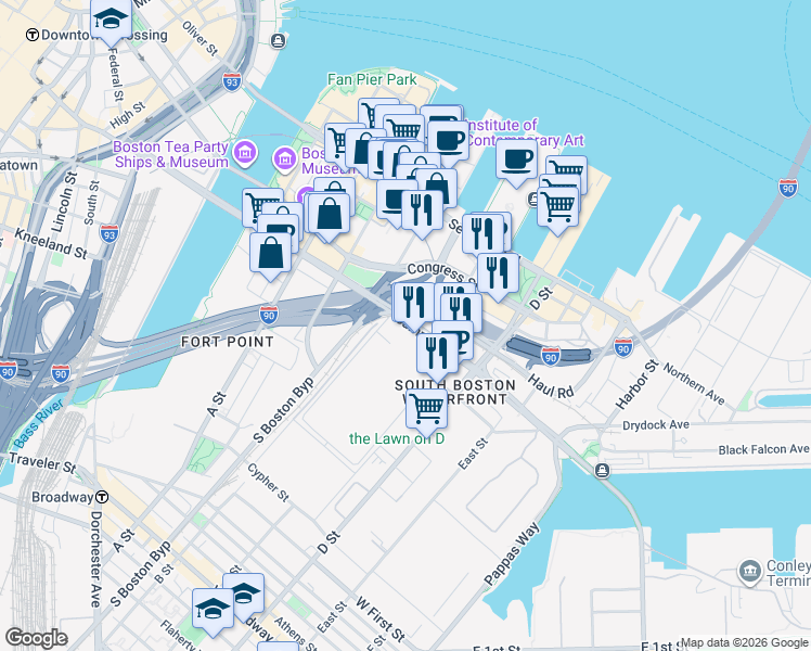 map of restaurants, bars, coffee shops, grocery stores, and more near 393-411 Summer Street in Boston