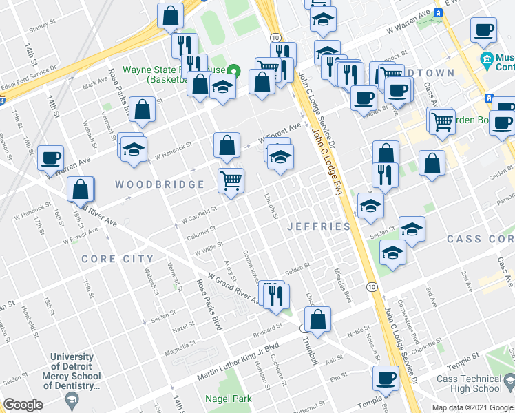 map of restaurants, bars, coffee shops, grocery stores, and more near 4304 Trumbull Street in Detroit