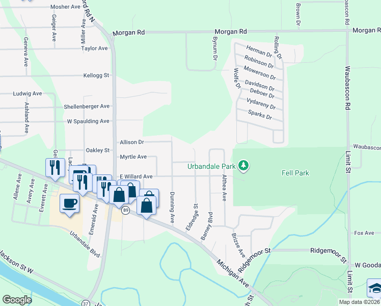 map of restaurants, bars, coffee shops, grocery stores, and more near 148 Dunning Avenue in Battle Creek