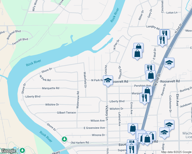 map of restaurants, bars, coffee shops, grocery stores, and more near 239 Northway Park Road in Machesney Park