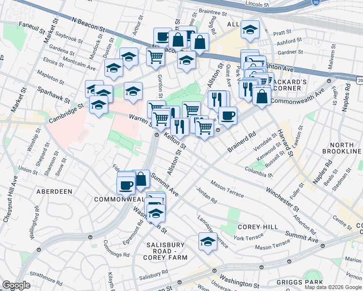map of restaurants, bars, coffee shops, grocery stores, and more near Allston St & Kelton St in Boston