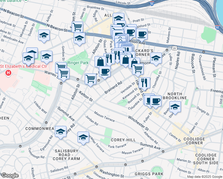 map of restaurants, bars, coffee shops, grocery stores, and more near 60 Brainerd Road in Boston