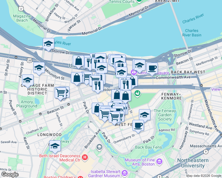 map of restaurants, bars, coffee shops, grocery stores, and more near 771 Beacon Street in Boston