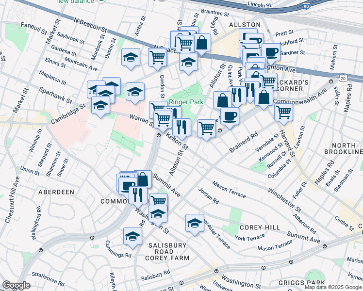 map of restaurants, bars, coffee shops, grocery stores, and more near 165 Kelton St in Allston