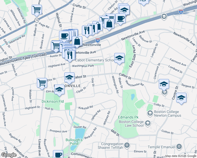 map of restaurants, bars, coffee shops, grocery stores, and more near 16 Bonwood Street in Newton