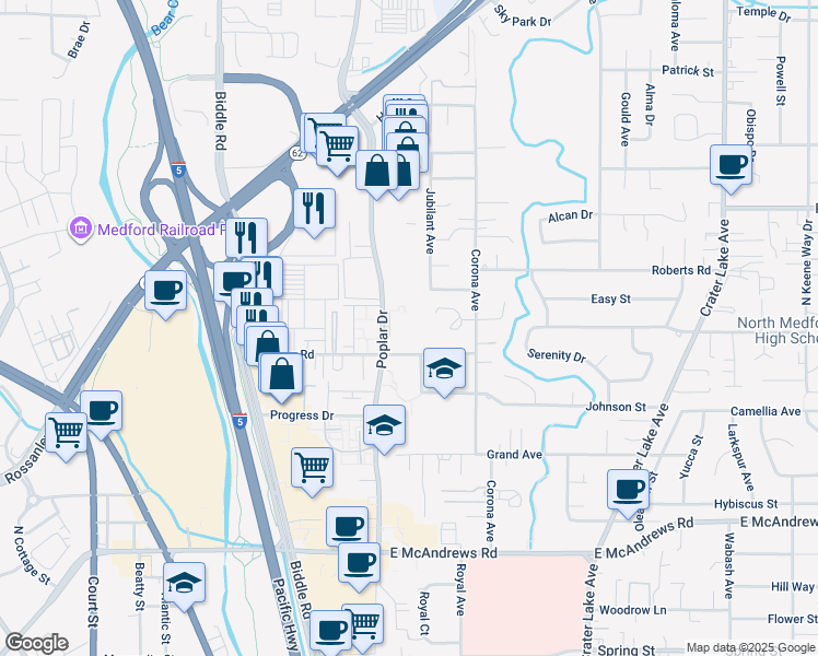 map of restaurants, bars, coffee shops, grocery stores, and more near 1377 Morrow Road in Medford